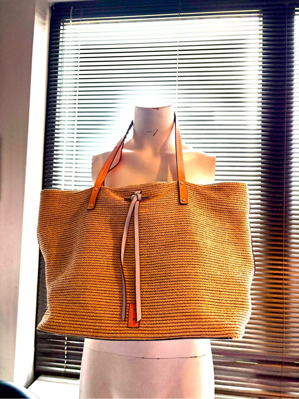 Thacker Woven Straw Tote Bag with Tan Leather Handles
